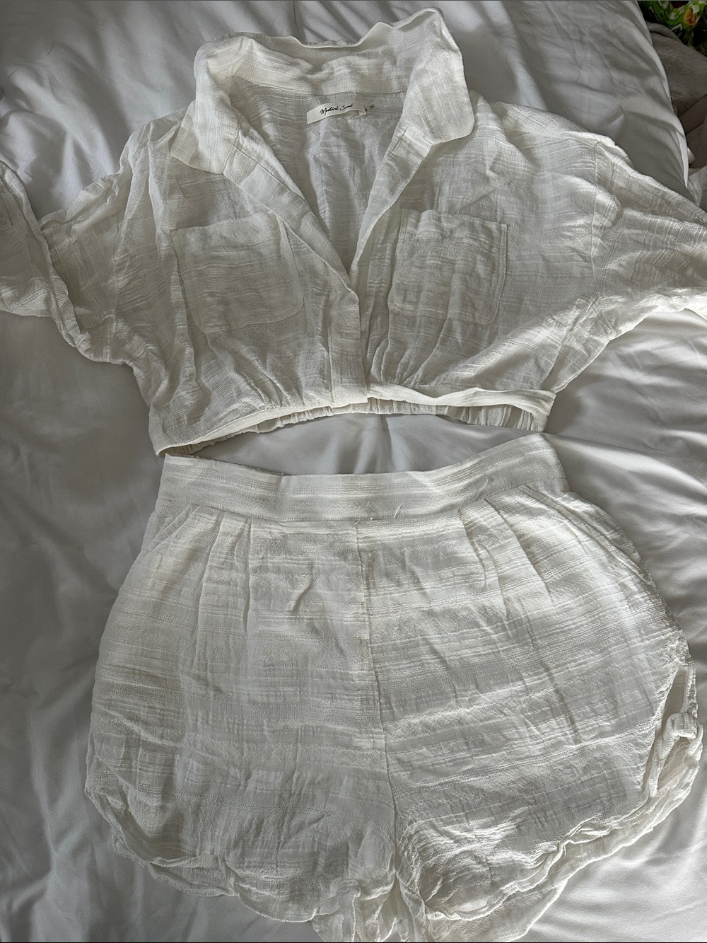 White Gauze Two-Piece Crop Top & Shorts Set